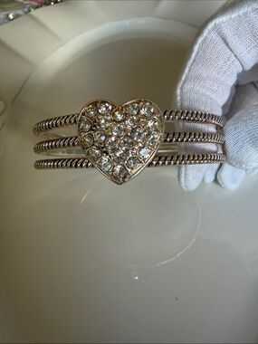 Women’s SILVER Triple-Band Heart Bracelet with Clear Crystals